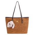 Vintage suede tote bag in caramel brown with slim straps and a cute plush bunny charm - With Pendant / Brown