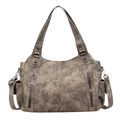 Borsa tote retrò in pelle grigia con doppie tasche a cerniera e tracolla rimovibile - Cachi