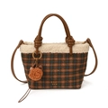 Brown plaid plush bucket bag with fuzzy white trim and a cute orange pompom charm - With Ornament / Plaid Brown