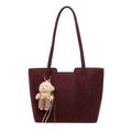 Minimalistische weinrote Shopper-Tasche mit langen Trägern und Plüschbär-Anhänger - Burgunderrot