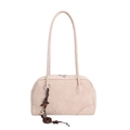 Minimalistische beige Wildleder-Schultertasche mit Retro-Holzperlen und Riemen - Mit Anhänger / Weiß