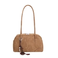 Minimalistische erdbraune Schultertasche aus Wildlederimitat mit Holzperlen-Quaste - Mit Anhänger / Braun