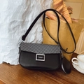 Black and grey woven crossbody bag with mini pouch and square metal buckle detail - Black