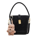 Black matte leather bucket bag with top handle and cute plush dog charm accessory - With Pendant / Black