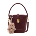 Dark red suede bucket bag with round gold handle and cute plush dog charm decoration - With Pendant / Burgundy