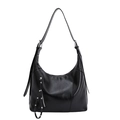 Borsa hobo minimalista in morbida pelle nera con borchie argentate e dettagli zip - Nero