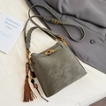 Retro grey-green bucket bag with vintage lock, braided handle, and decorative tassel - With Pendant / Green
