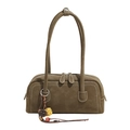 Olive green vintage shoulder bag with contrast stitching and plush keychain pendant - Green