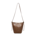 Vintage bruine leren emmertas voor dames met schouderriem en een minimalistisch logo - Khaki