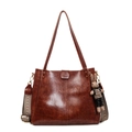 Braune Vintage-Ledertasche mit buntem Schultergurt und süßem Hasen-Anhänger - Mit Ornament / Braun