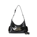 Damen Hobo-Tasche aus schwarzem Hochglanz-Kunstleder mit Seitentaschen und Schultergurt - Klein / Schwarz