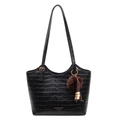 Classic black crocodile pattern tote bag with vintage texture and plush charm accessory - With Pendant / Black