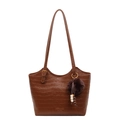Dark brown stone pattern tote bag with leather straps and furry ball pendant charm - With Pendant / Yellow Brown