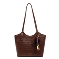 Retro coffee brown crocodile embossed tote bag with wave-edge top and pompom charm - With Pendant / Brown