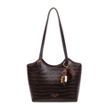 Dark coffee faux crocodile tote bag with plush pom-pom charm and golden buckle details - With Pendant / Brown