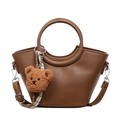 Brown fan-shaped PU leather handbag with ring handles and brown plush bear charm - Brown