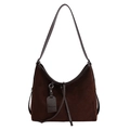 Deep brown suede hobo shoulder bag with smooth leather trim and decorative drawstring - Brown