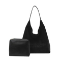 Black suede hobo tote bag set with matching smooth pouch and gold zipper detail - Black
