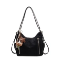 Retro black multi-way tote bag in matte finish with decorative zippers and bear charm - With Pendant / Black