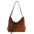 Vintage brown suede hobo tote bag with dark coffee leather shoulder strap details - Brown