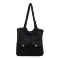 Schwarze flauschige Stricktasche mit zwei Taschen, Holzknöpfen und langen Griffen - Schwarz