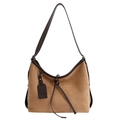 Vintage caramel brown suede hobo bag with adjustable strap and leather hangtag detail - Khaki