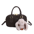 Dunkelbraune Bowling-Tasche aus Leder mit Plüschkaninchen und abnehmbarem Schultergurt - Mit Anhänger / Ebenholz
