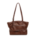 Brown vintage faux leather tote bag with decorative buckle straps and front zipper pocket - Brown