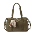 Große olivgrüne Ledertasche mit zwei Griffen und süßem Plüsch-Hasenanhänger für Damen - Mit Anhänger / Grün