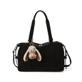 Große schwarze Schultertasche mit Textur und süßem Plüsch-Hasenanhänger für Damen - Mit Anhänger / Schwarz