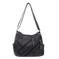 Sac bandoulière en denim noir délavé avec plusieurs poches zippées sur le devant - Noir