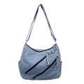 Sac fourre-tout en denim délavé bleu clair avec triples fermetures éclair et bandoulière - Bleu clair