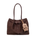 Dunkelbraune gewebte Tragetasche für Damen mit einem plüschigen Welpen-Taschenanhänger - Mit Anhänger / Kaffeebraun