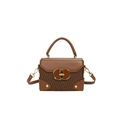 Vintage mocha brown woven texture handbag with golden oval metal lock and handle - Brown