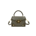 Army green woven flap handbag with golden oval lock and detachable shoulder strap - Green