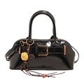 Glossy black shell handbag with vintage gold buckle and colorful fur ball keychain charm - Without Pendant / Black