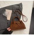 Brown faux suede bucket bag with leather handles and adjustable shoulder strap - Brown No Pendant