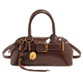 Classic dark brown glossy leather shell handbag with top handles and decorative charm - Without Pendant / Brown