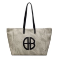 Große graue Tote Bag mit Marmor-Textur, schwarzem Logo und doppelten Schultergurten - Khaki