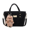 Retro black matte leather bucket bag with golden plate and cute brown puppy pendant - With Pendant / Black