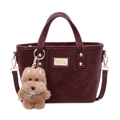 Burgundy matte leather bucket bag with gold hardware and brown teddy bear charm - With Pendant / Burgundy