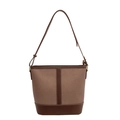 Sac seau en toile beige et cuir marron avec surpiqûres blanches élégantes - Marron