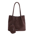 Bolso tote de cuero mate marrón oscuro con estuche interior y detalle de texto - Marrón