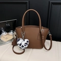 Brown litchi texture crossbody bag with heart leopard pendant and dual handles - Coffee