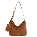 Sac à main marron en cuir avec surpiqûres blanches et petit porte-monnaie assorti attaché - Marron