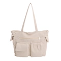 Beige corduroy shoulder bag with multiple pockets and large capacity tote style - White