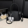 Retro black lychee grain handbag with leopard print heart charm and silver hardware - Black