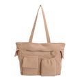 Minimalist warm khaki corduroy multi-pocket tote bag with dual shoulder straps - Khaki