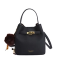 Black pebbled leather bucket bag with gold clasp and plush charm decoration - With Pendant / Black