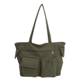 Olive green corduroy tote bag with multiple pockets and shoulder straps for casual use - Green